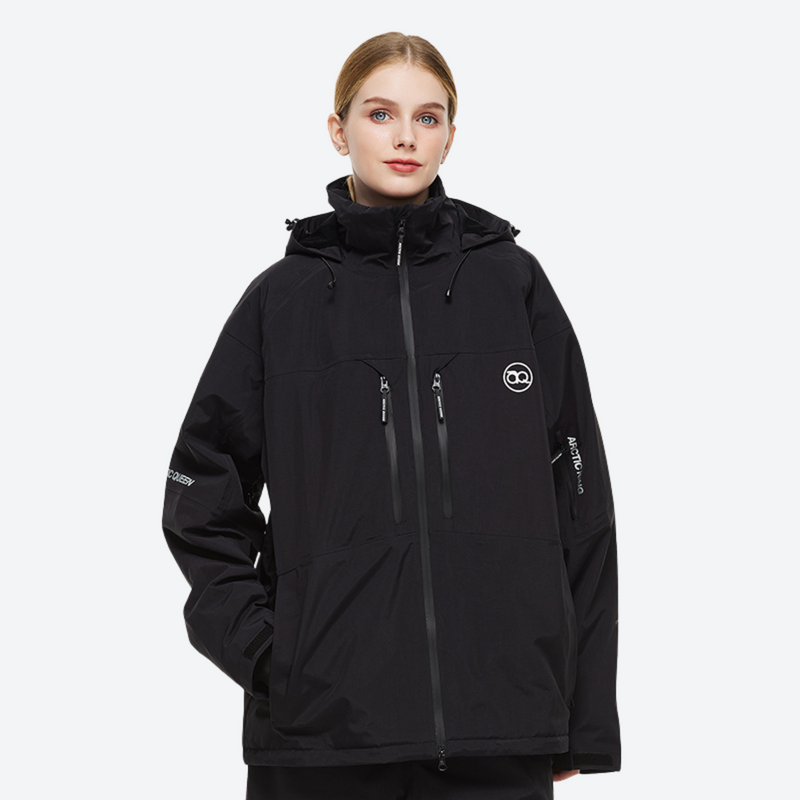Waterproof 2L snow jacket and bib pants set - black jacket with black pants, 2-layer waterproof breathable shell