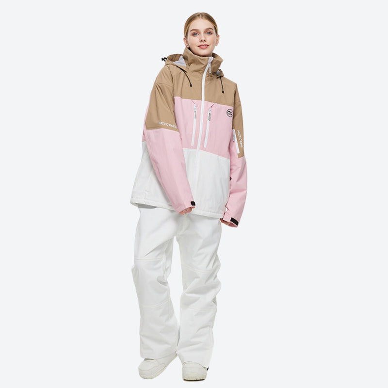 Unisex colorblock snowboard jacket and bibs - tan pink and white colorblock jacket with white pants