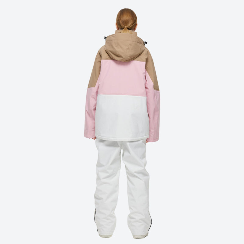 Breathable 2-layer ski jacket with suspender pants - tan pink and white colorblock jacket with white pants