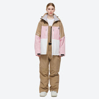 
                  
                    Unisex colorblock snowboard jacket and bibs - tan pink and white colorblock jacket with tan pants
                  
                