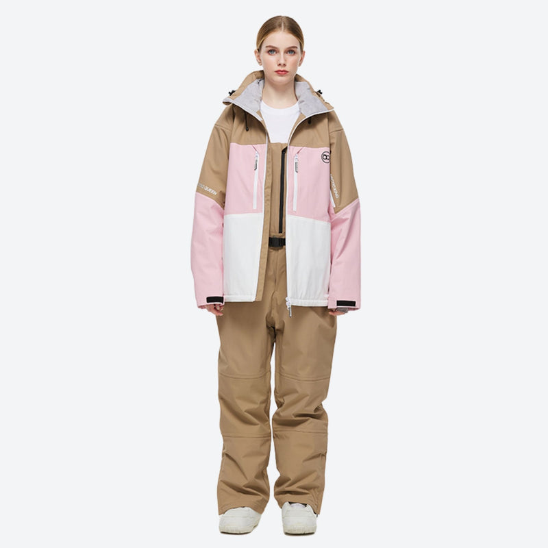 Unisex colorblock snowboard jacket and bibs - tan pink and white colorblock jacket with tan pants