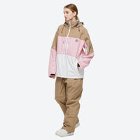 
                  
                    Waterproof 2L snow jacket and bib pants set - tan pink and white colorblock jacket with tan pants
                  
                