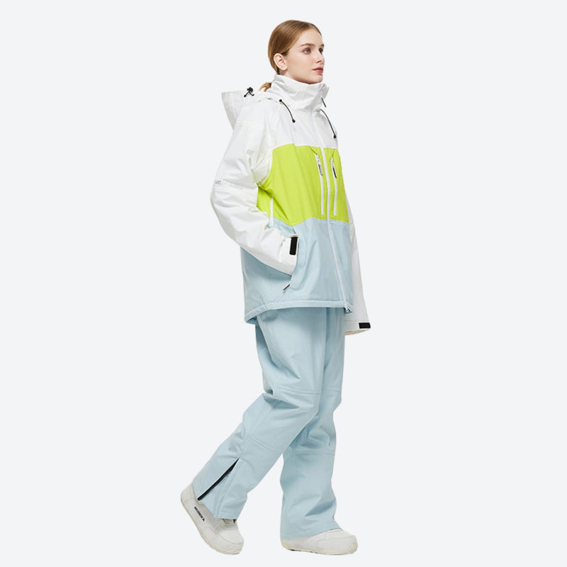 Breathable 2-layer ski jacket with suspender pants - white lime and light blue colorblock jacket with light blue bib pants