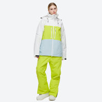 
                  
                    Breathable 2-layer ski jacket with suspender pants - white lime and light blue colorblock jacket with lime pants
                  
                