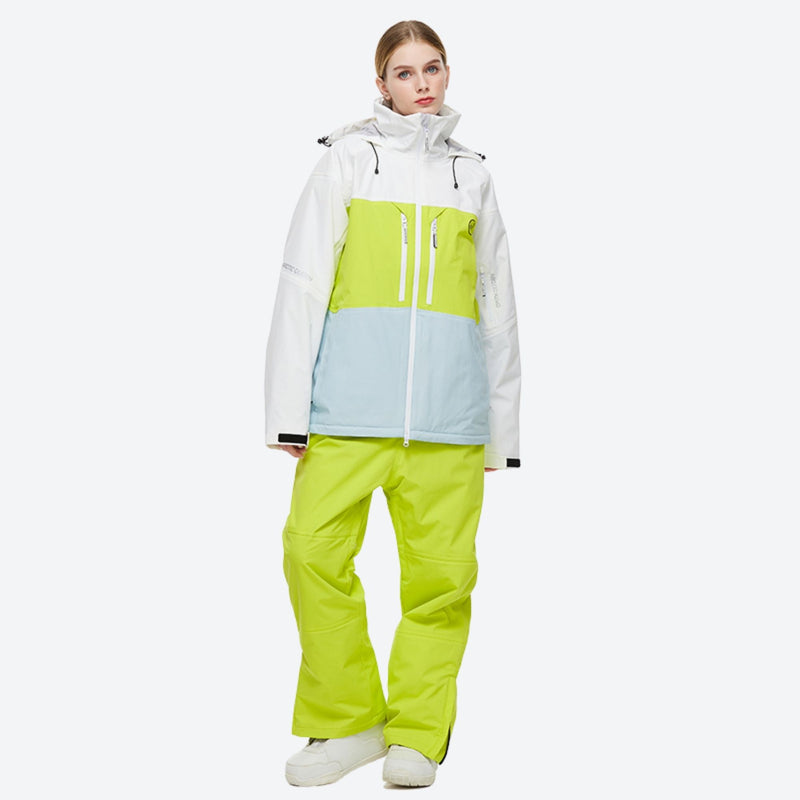 Breathable 2-layer ski jacket with suspender pants - white lime and light blue colorblock jacket with lime pants