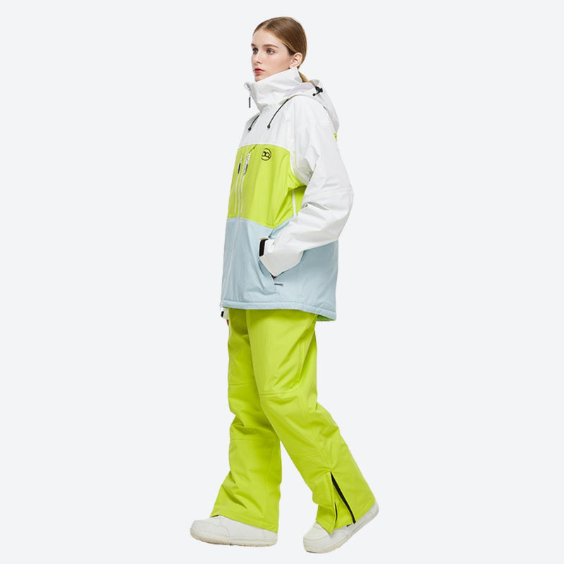 Waterproof 2L snow jacket and bib pants set - white lime and light blue colorblock jacket with lime pants