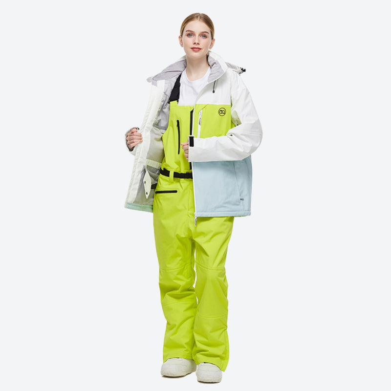 Unisex colorblock snowboard jacket and bibs - white lime and light blue colorblock, for skiing and snowboarding