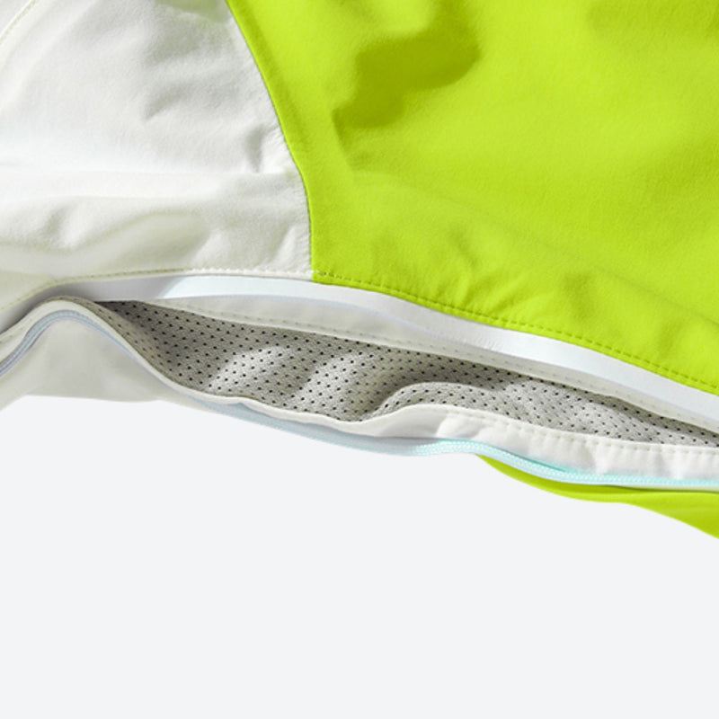 Breathable 2-layer ski jacket with suspender pants - white lime and light blue colorblock, for skiing and snowboarding