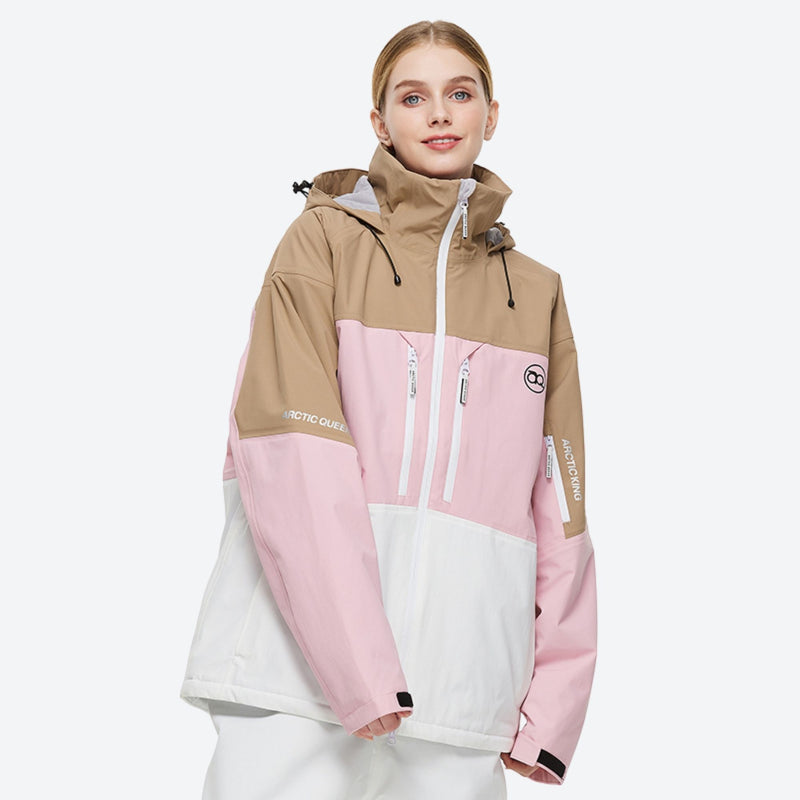 Unisex colorblock snowboard jacket and bibs - tan pink and white colorblock jacket with white pants, on-model front view