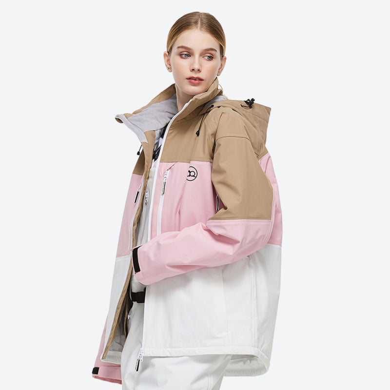 Waterproof 2L snow jacket and bib pants set - tan pink and white colorblock jacket with white pants 51