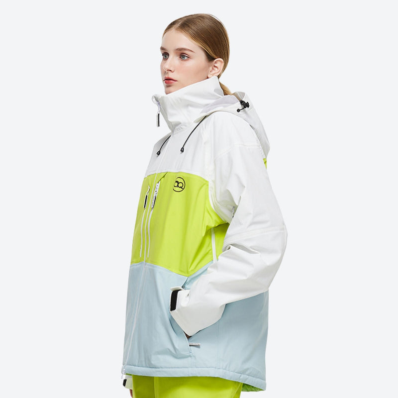 Unisex colorblock snowboard jacket and bibs - white lime and light blue colorblock jacket with lime pants