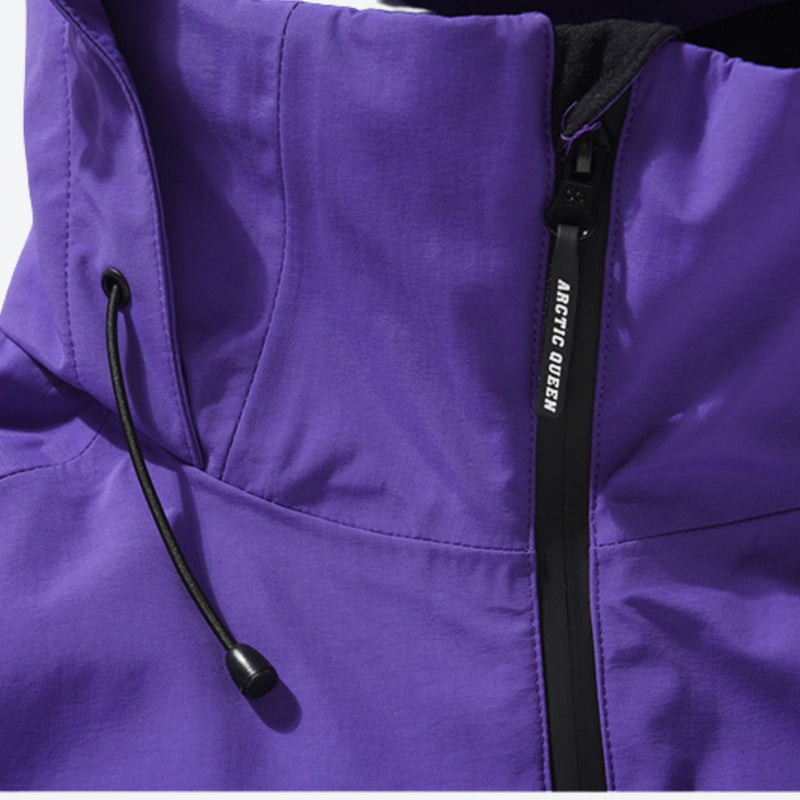 Breathable 2-layer ski jacket with suspender pants - purple, collar zip close-up detail, for skiing and snowboarding