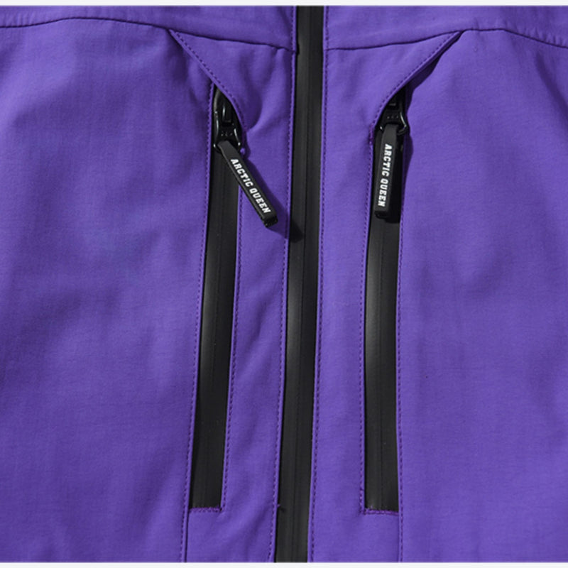 Unisex colorblock snowboard jacket and bibs - purple, chest zip close-up detail, for skiing and snowboarding