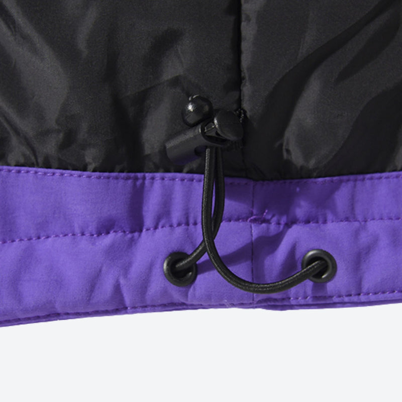 Waterproof 2L snow jacket and bib pants set - purple, hem drawcord close-up detail, for resort and backcountry days