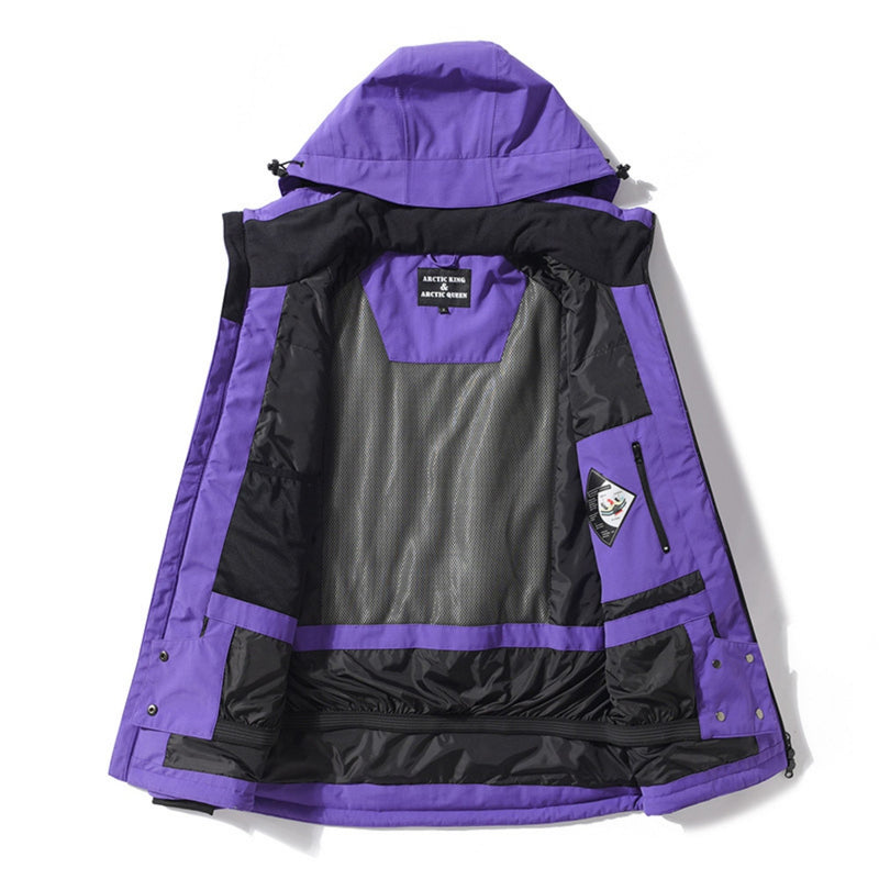 Waterproof 2L snow jacket and bib pants set - purple, interior lining open flat detail, for cold-weather winter sports