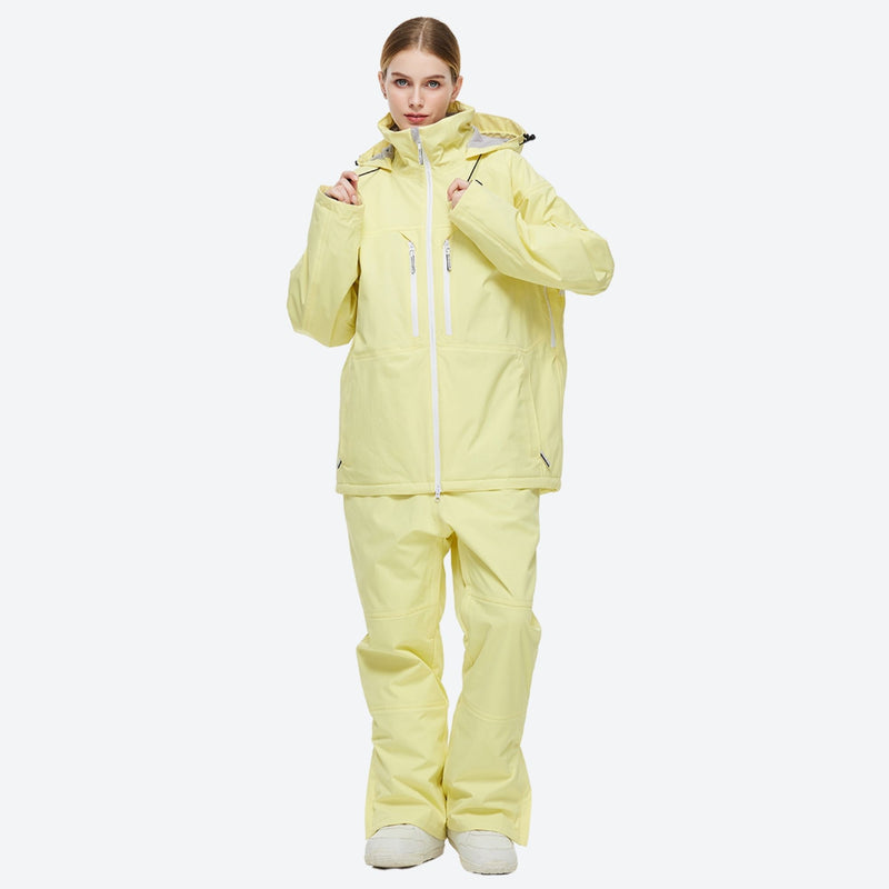 Unisex colorblock snowboard jacket and bibs - light yellow jacket with light yellow pants, for cold-weather winter sports