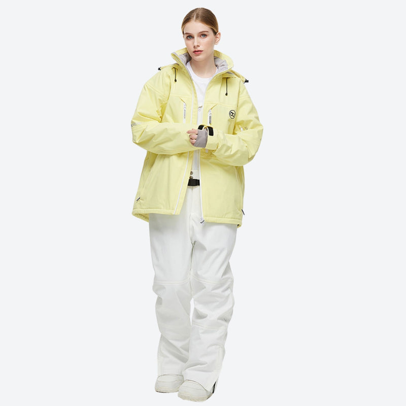 Waterproof 2L snow jacket and bib pants set - light yellow jacket with white pants, for cold-weather winter sports