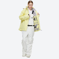 
                  
                    Waterproof 2L snow jacket and bib pants set - light yellow jacket with white pants, for skiing and snowboarding
                  
                