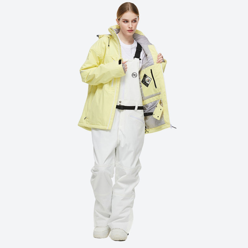 Waterproof 2L snow jacket and bib pants set - light yellow jacket with white pants, for skiing and snowboarding