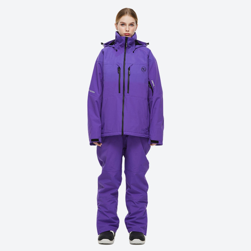 Waterproof 2L snow jacket and bib pants set - purple jacket with purple pants, for resort and backcountry days
