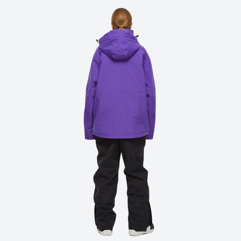 Waterproof 2L snow jacket and bib pants set - purple jacket with black pants, for skiing and snowboarding