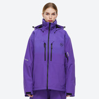 
                  
                    Breathable 2-layer ski jacket with suspender pants - purple jacket with black pants, for resort and backcountry days
                  
                