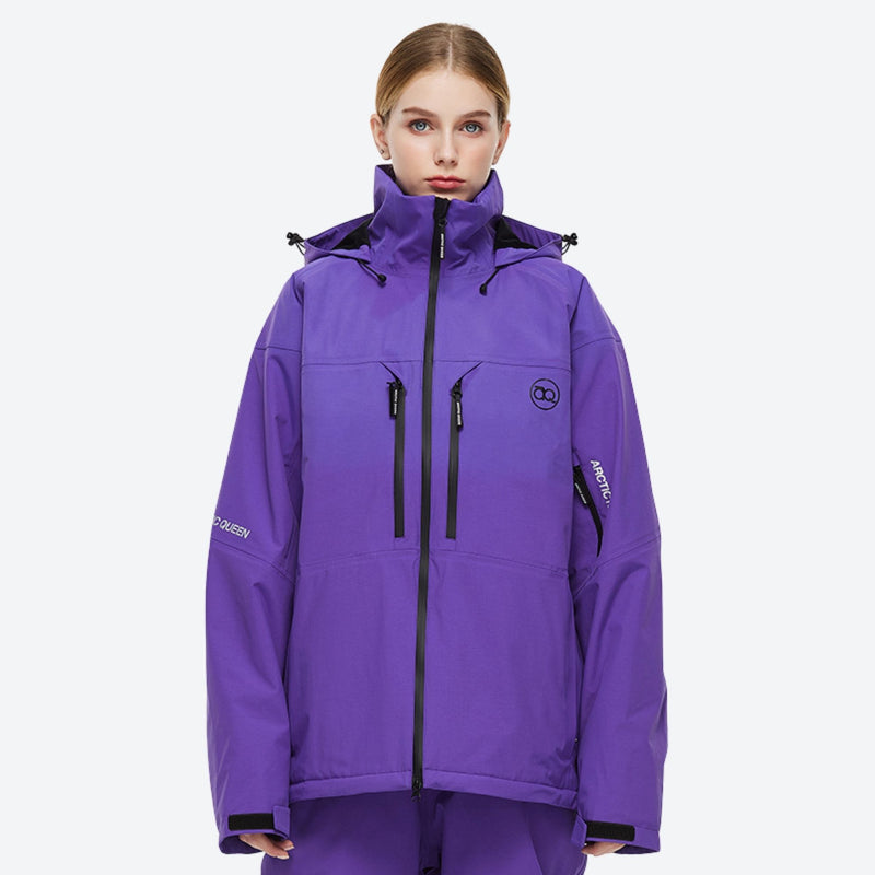 Breathable 2-layer ski jacket with suspender pants - purple jacket with black pants, for resort and backcountry days