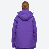 
                  
                    Unisex colorblock snowboard jacket and bibs - purple jacket with black pants, for powder and piste riding
                  
                