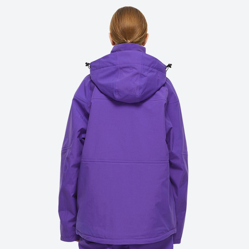 Unisex colorblock snowboard jacket and bibs - purple jacket with black pants, for powder and piste riding