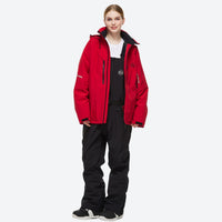 
                  
                    Breathable 2-layer ski jacket with suspender pants - red jacket with black pants, for resort and backcountry days
                  
                