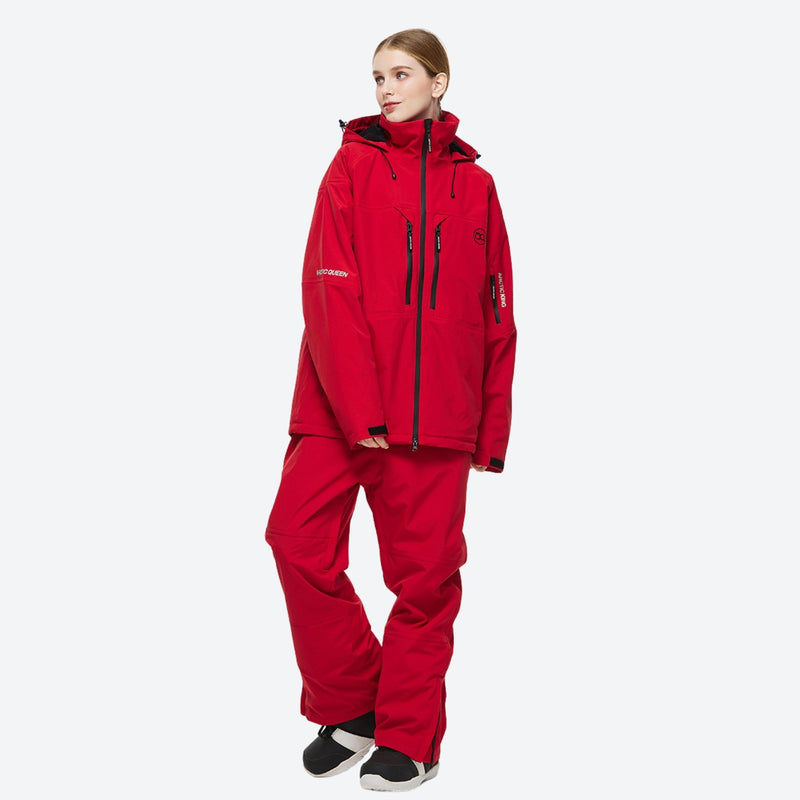 Waterproof 2L snow jacket and bib pants set - red jacket with red pants, for skiing and snowboarding