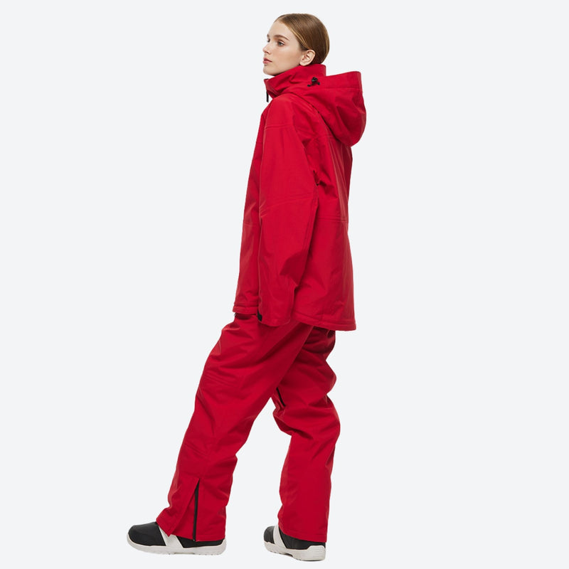 Unisex colorblock snowboard jacket and bibs - red jacket with red pants, for powder and piste riding