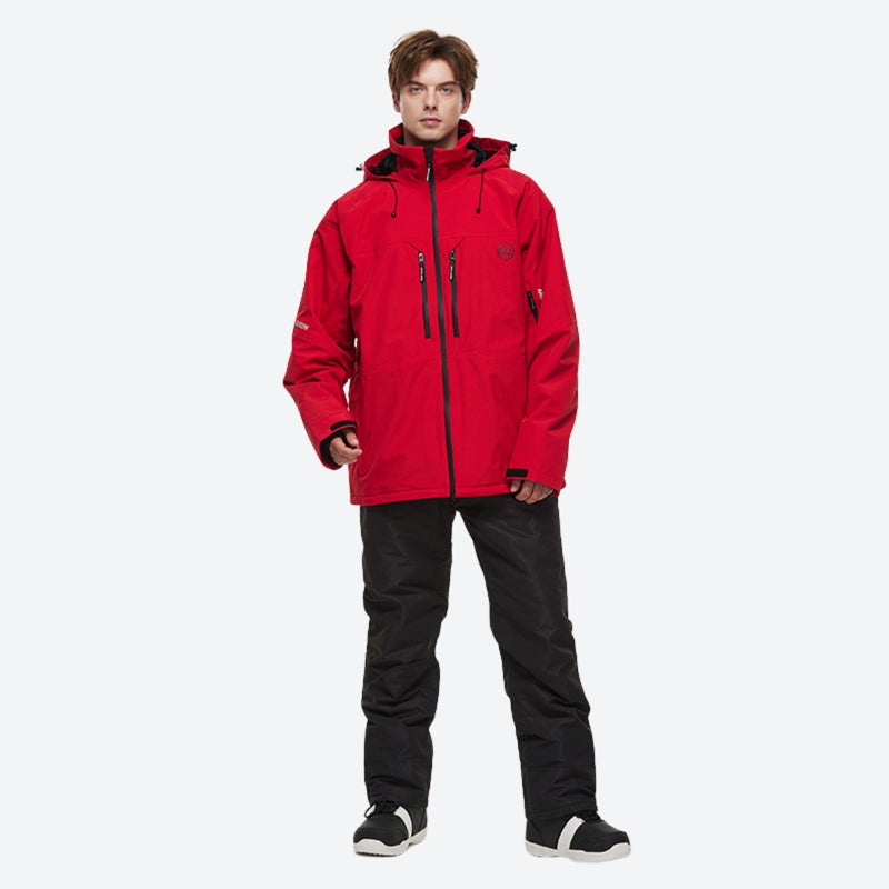 Unisex colorblock snowboard jacket and bibs - red jacket with black pants, for resort and backcountry days