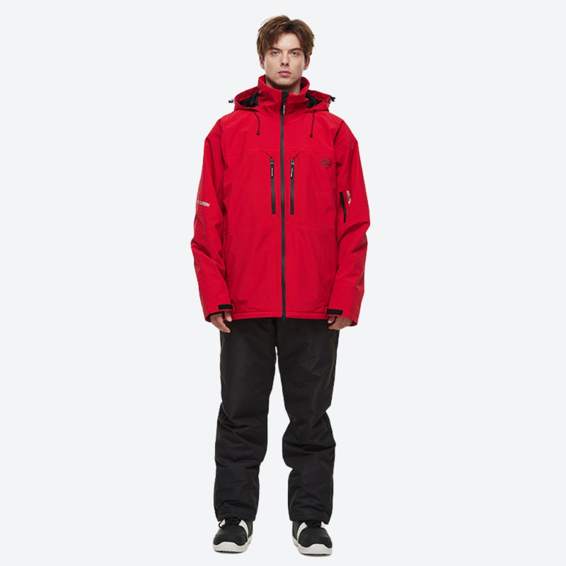 Breathable 2-layer ski jacket with suspender pants - red jacket with black pants, for skiing and snowboarding