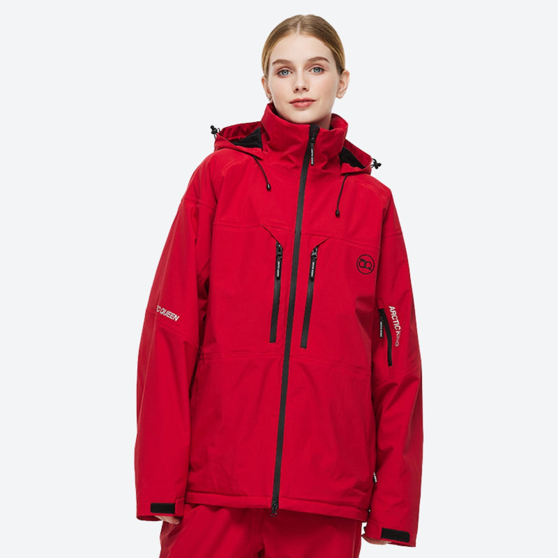 Waterproof 2L snow jacket and bib pants set - red, on-model front view, for cold-weather winter sports