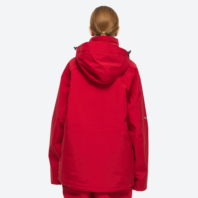 Breathable 2-layer ski jacket with suspender pants - red, on-model back hood view, for skiing and snowboarding
