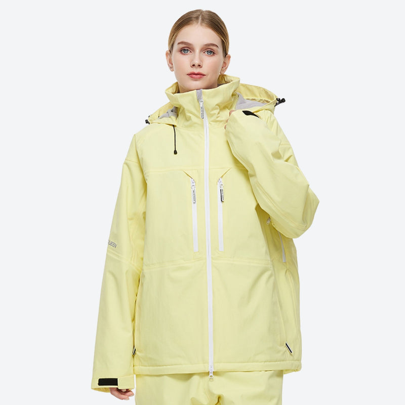 Breathable 2-layer ski jacket with suspender pants - light yellow, on-model front view, for resort and backcountry days