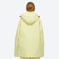 
                  
                    Unisex colorblock snowboard jacket and bibs - light yellow, on-model back hood view, for powder and piste riding
                  
                