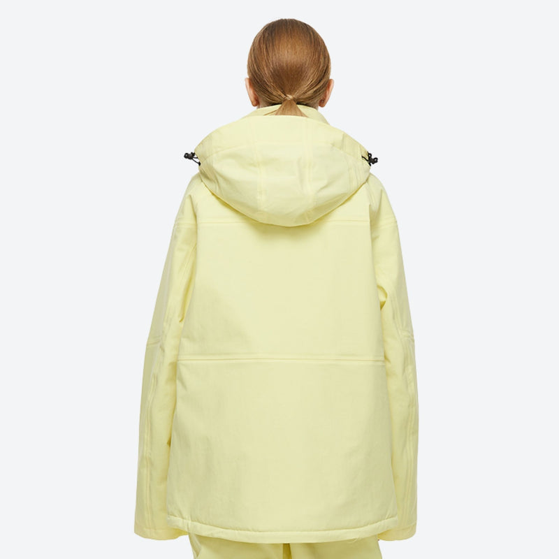 Unisex colorblock snowboard jacket and bibs - light yellow, on-model back hood view, for powder and piste riding