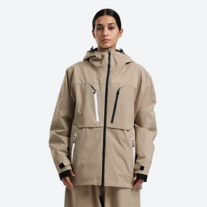 Women's 2-layer snowboard jacket and pants - tan jacket, on-model front view, for resort and street wear