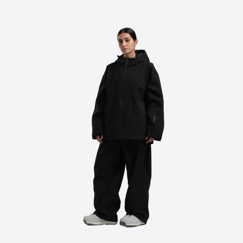 Women's waterproof 2L snow jacket and pants - black jacket with black pants, for powder days and winter commute