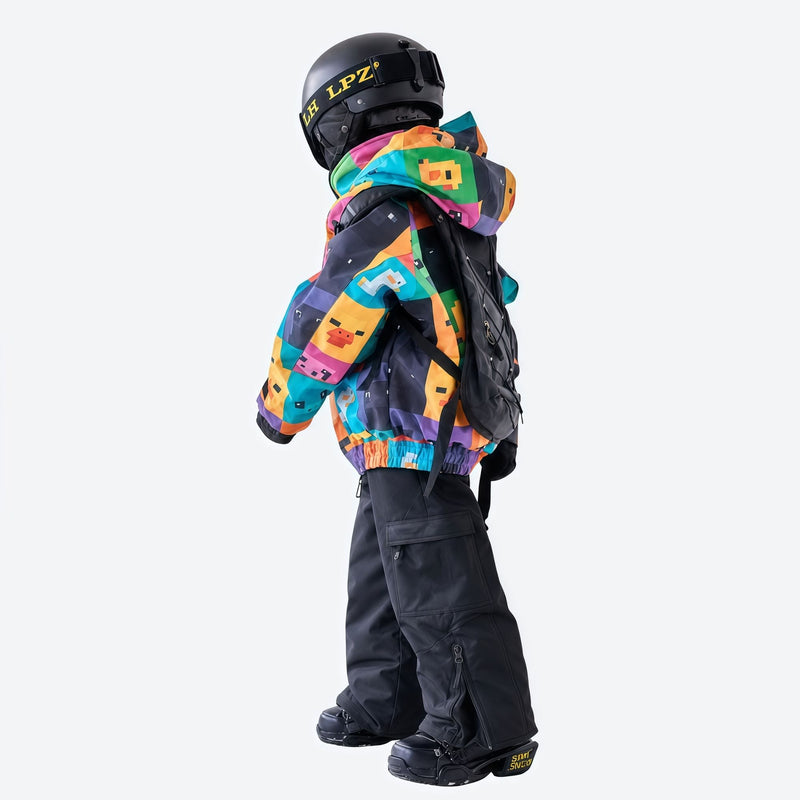 Kids breathable 2-layer graffiti print ski set - purple panel print kids jacket with black pants, for family resort trips