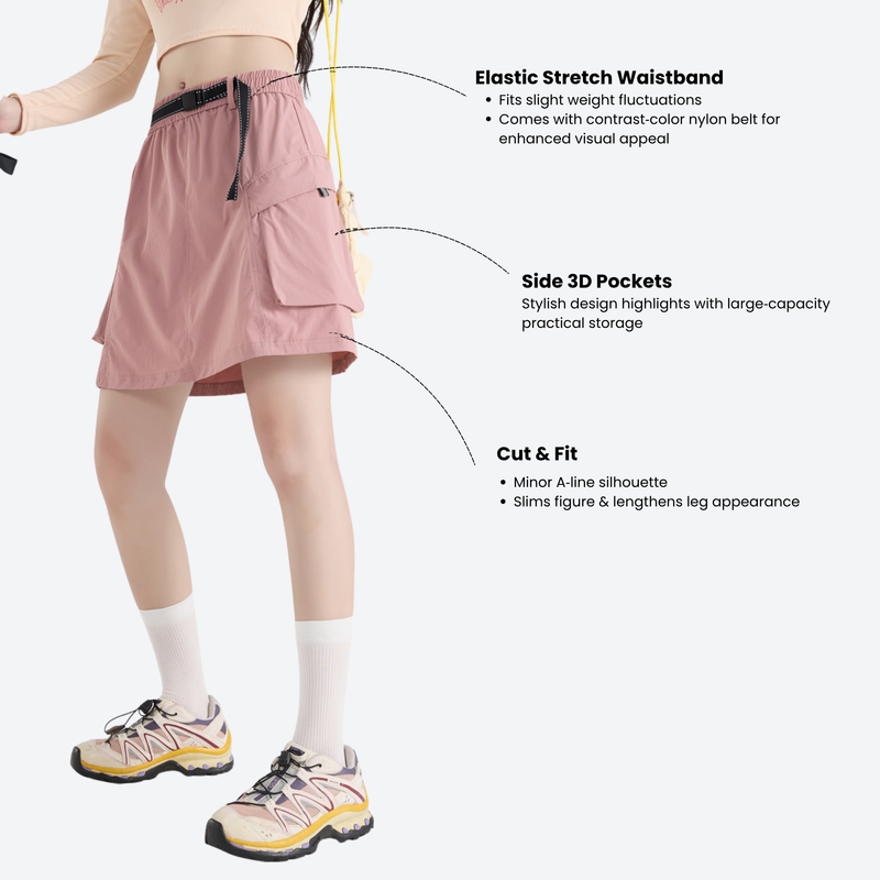 Women's cargo skort with elastic waistband - pink cargo skort with built-in shorts, for hiking and trail walking