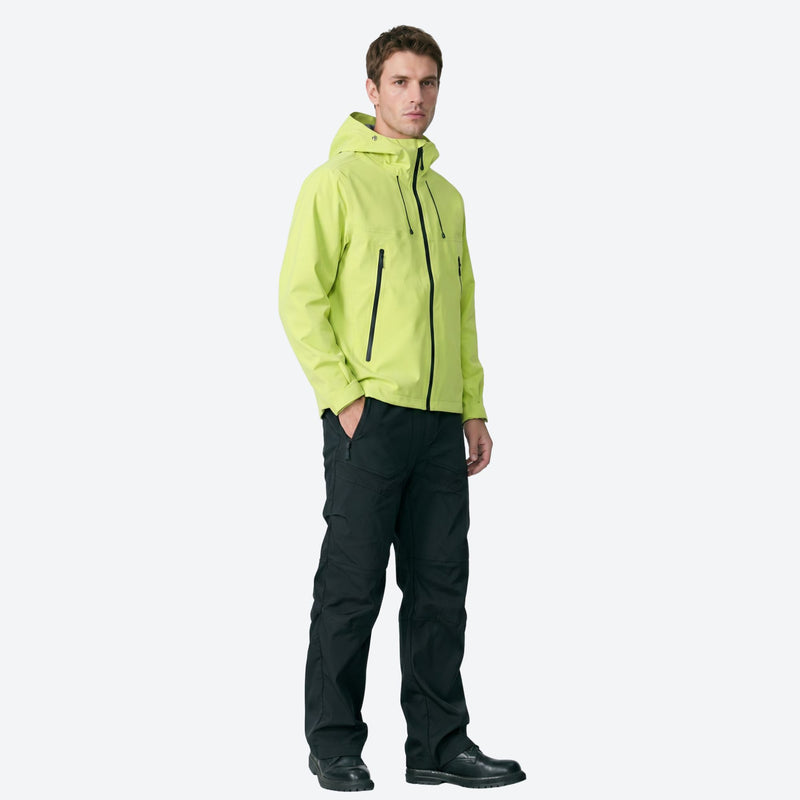 Unisex packable snowboard rain jacket with vents - neon green hardshell jacket, on-model side view, for hiking and travel