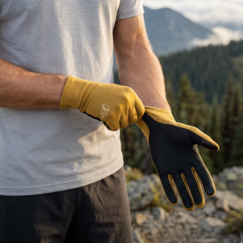 Merino wool full finger and half finger hiking gloves - mustard merino wool hiking gloves on men, glove on-off close-up