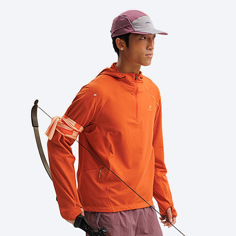 Lightweight quick-dry pullover for outdoor - orange quick-dry lightweight half-zip mid-layer on men with cap