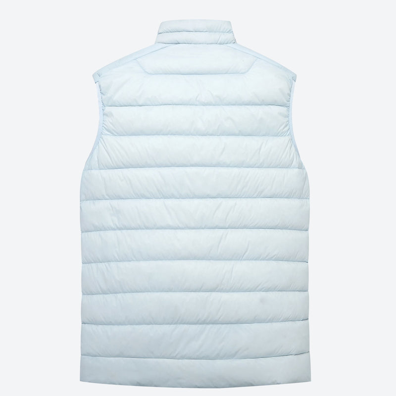 Warm water-repellent down layers for cold days - light blue down vest, back product view, for hiking and trail walking