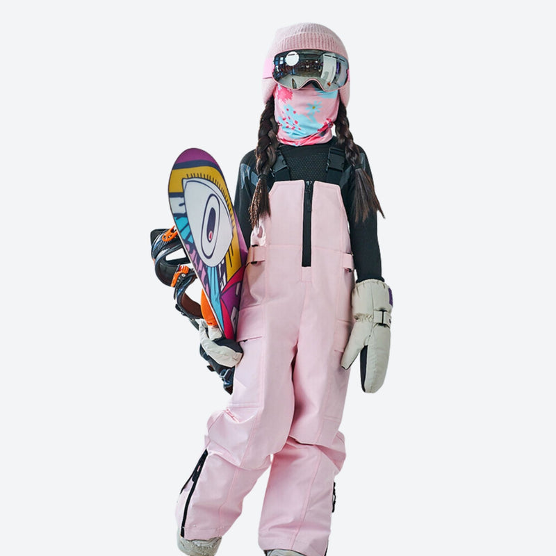 Kids print snowboard anorak with bib pants - pink white kids bibs, for kids skiing and snowboarding