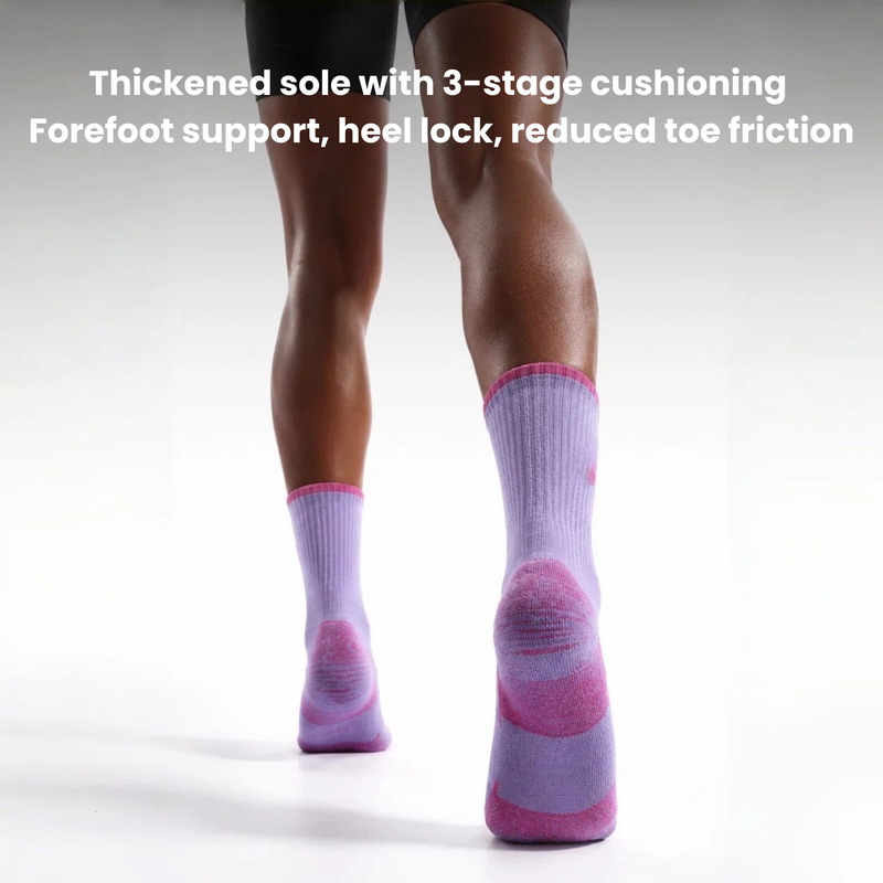 Women's moisture-wicking merino wool socks for trail - lavender merino wool hiking socks on feet