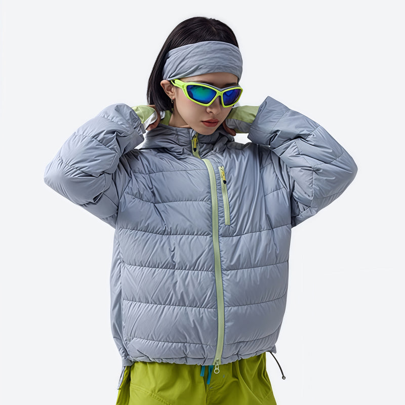 Warm waterproof puffer jacket with hood - light gray waterproof duck down hooded jacket on women with headband and sunglasses